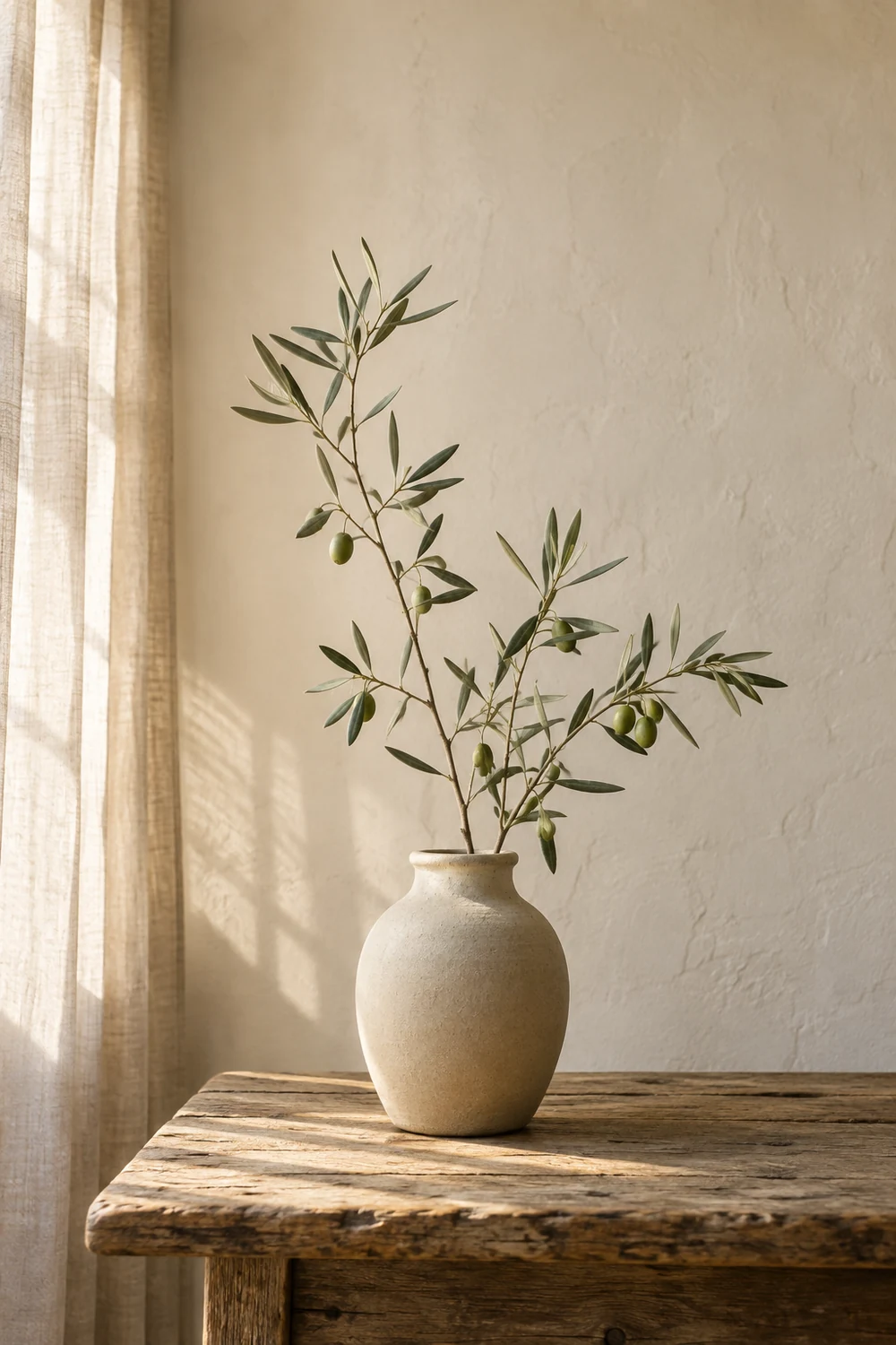 An olive branch in a ceramic vase in warm sunlight